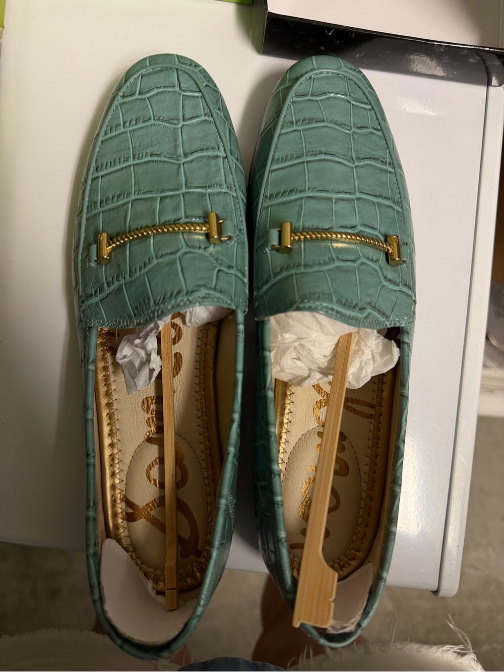 Sam Edelman Teal Croc-Embossed Loafers with Gold Hardware